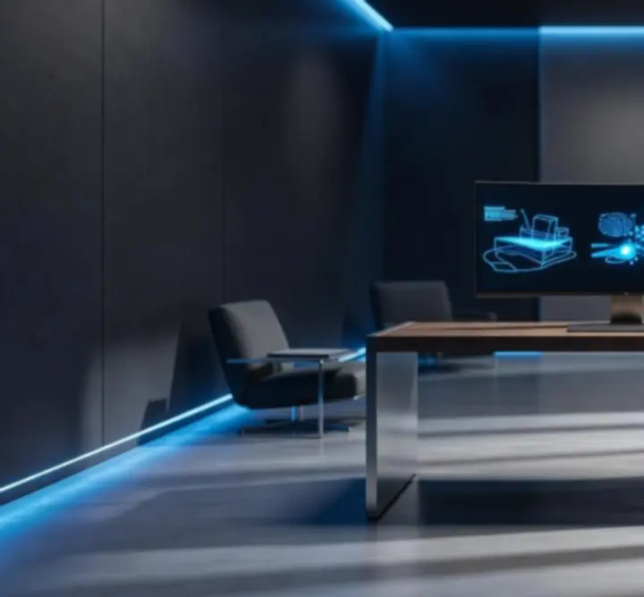 Cinematic view of PIXEL360 design studio with dramatic lighting and modern workstations