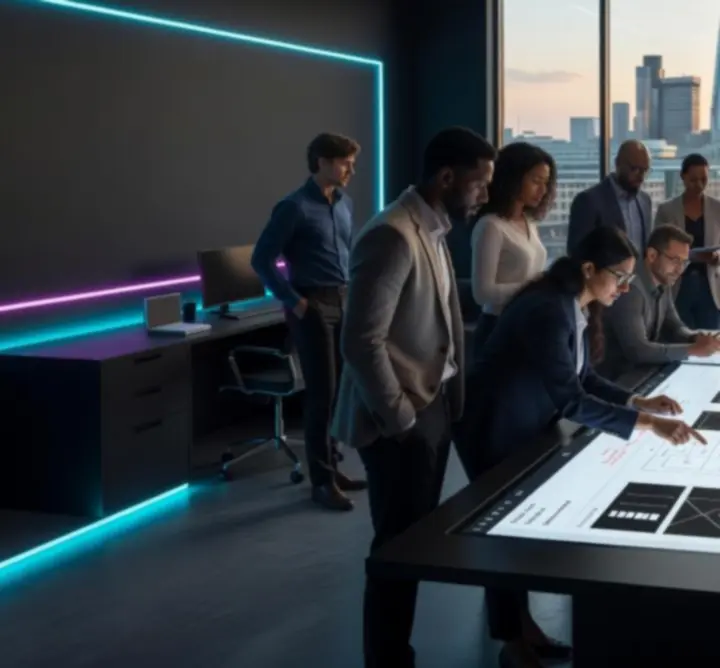 Collaborative design workspace at PIXEL360 London headquarters showing team engagement