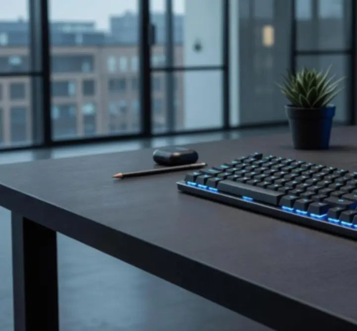 Detailed view of creative workspace with design materials and technical equipment