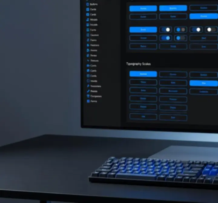 Atomic design system components showing scalable UI library and design tokens
