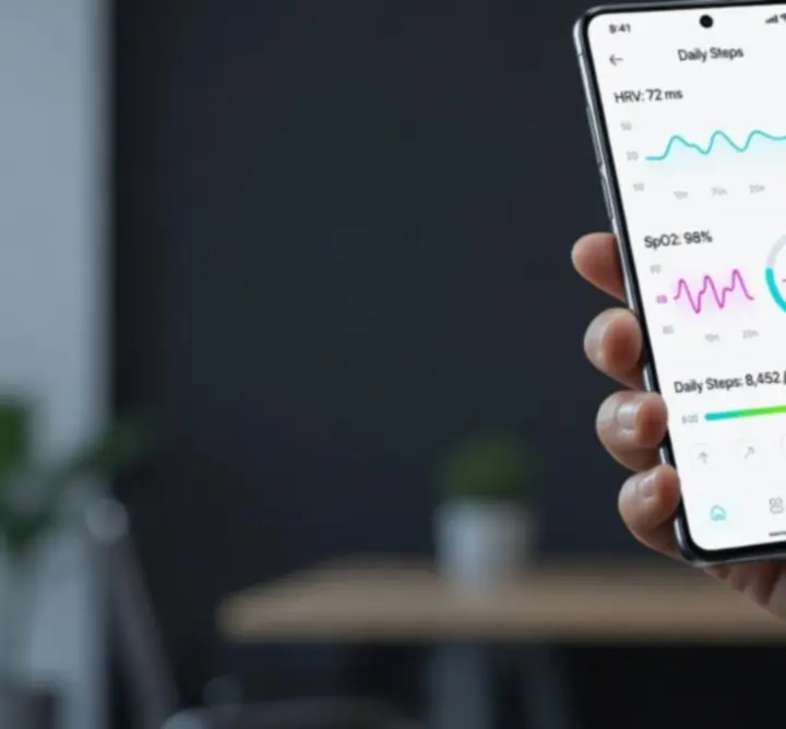 Health-tech mobile application interface showing biometric integration and gesture navigation