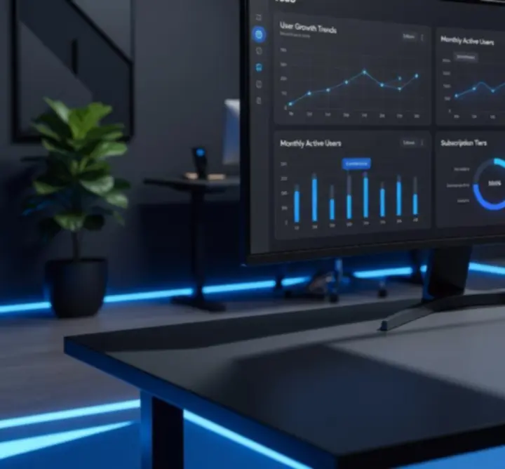 Team reviewing high-fidelity SaaS dashboard prototype on large display