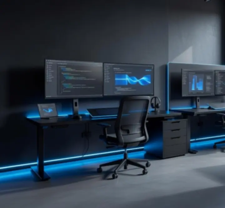 PIXEL360 Studio workspace featuring modern dark interior design with electric accent lighting and professional design equipment